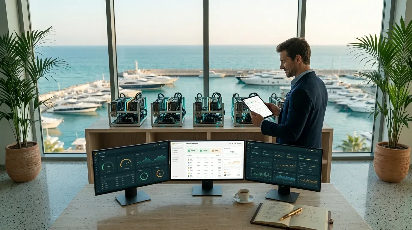 Crypto mining setup with Mediterranean view Crypto mining setup with Mediterranean view