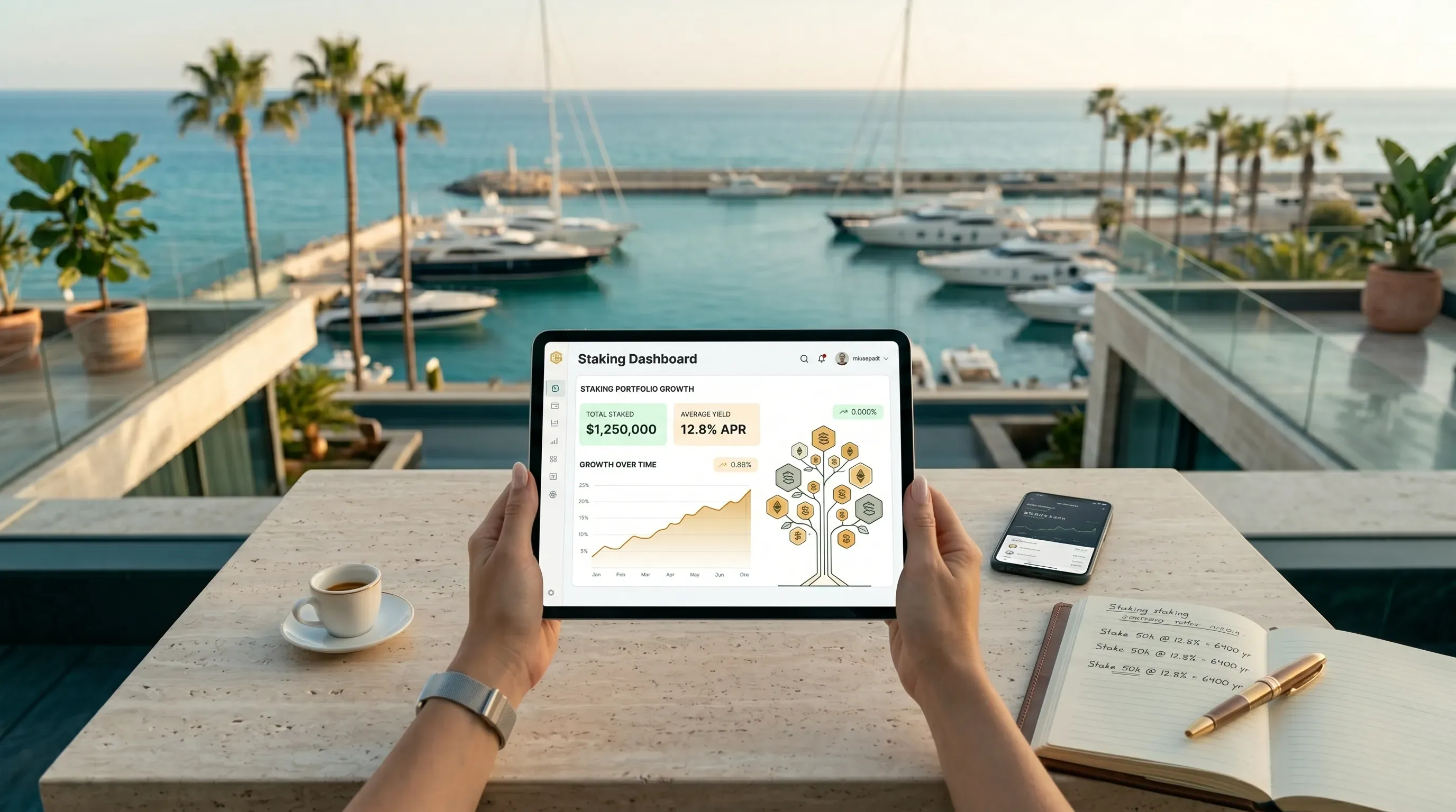 Staking rewards dashboard on a tablet Staking rewards dashboard on a tablet
