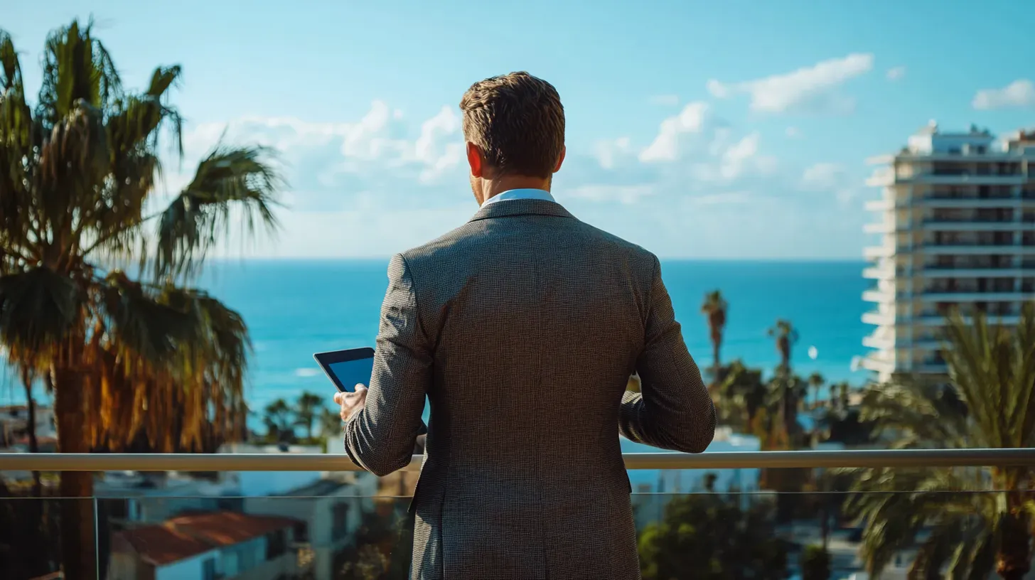 Executive reviewing international holding structures with a tablet Executive reviewing international holding structures with a tablet