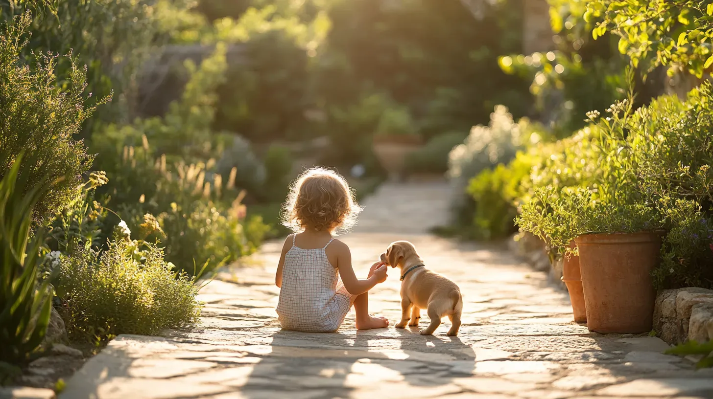 Child playing with a puppy in a Cypriot garden Child playing with a puppy in a Cypriot garden