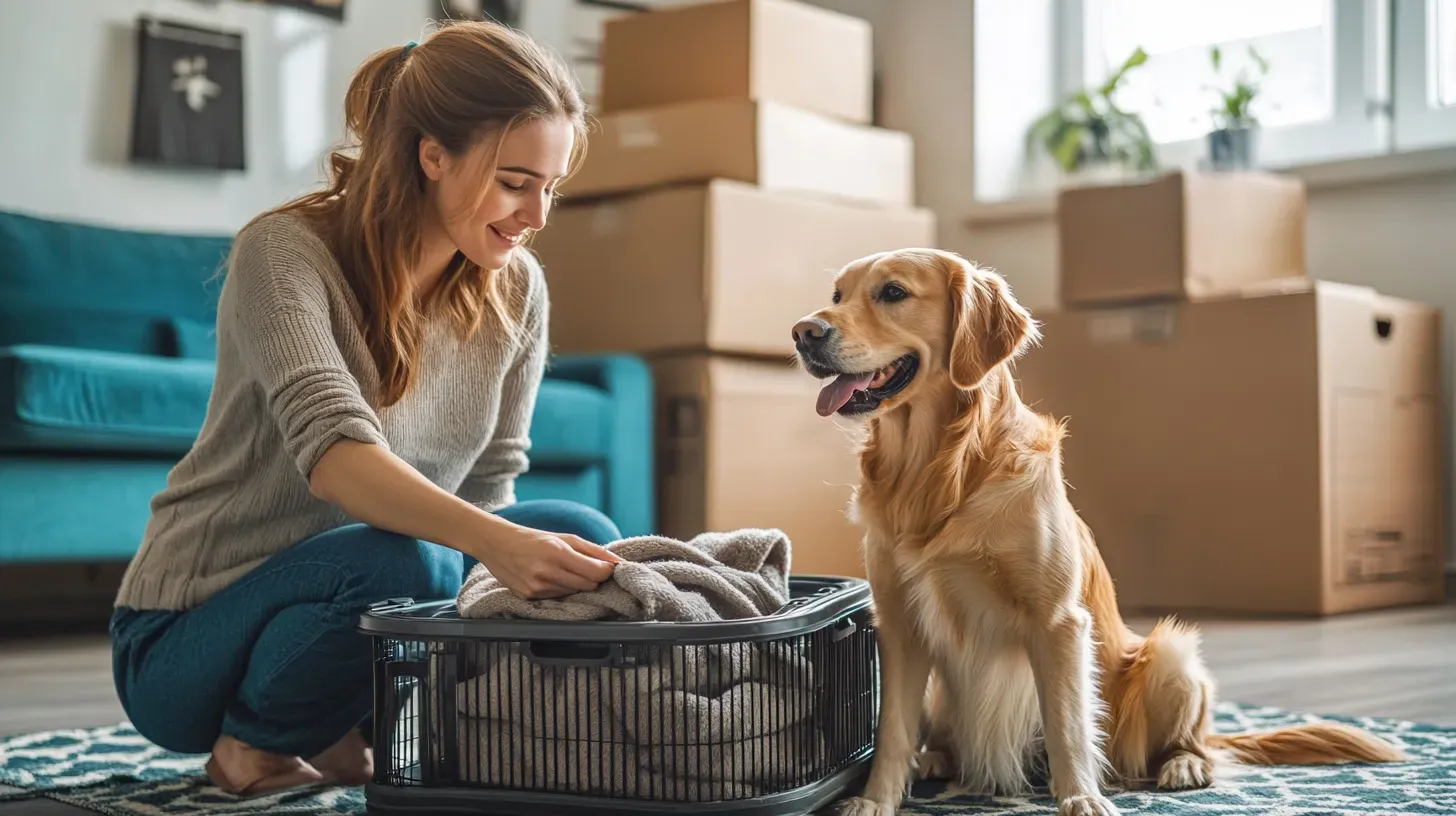 Owner preparing for a move with her dog Owner preparing for a move with her dog