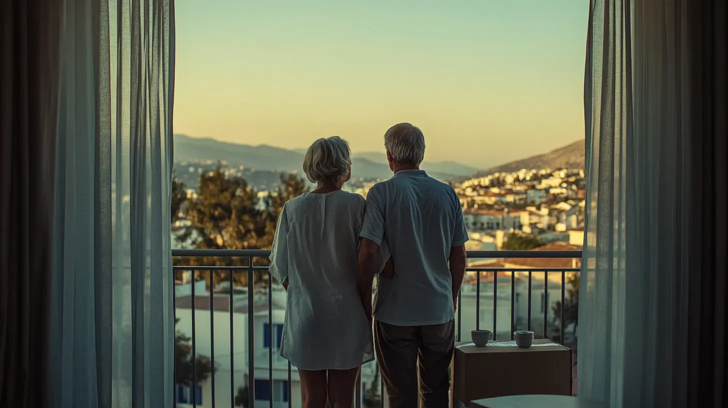 Couple enjoying a Cyprus balcony view Couple enjoying a Cyprus balcony view
