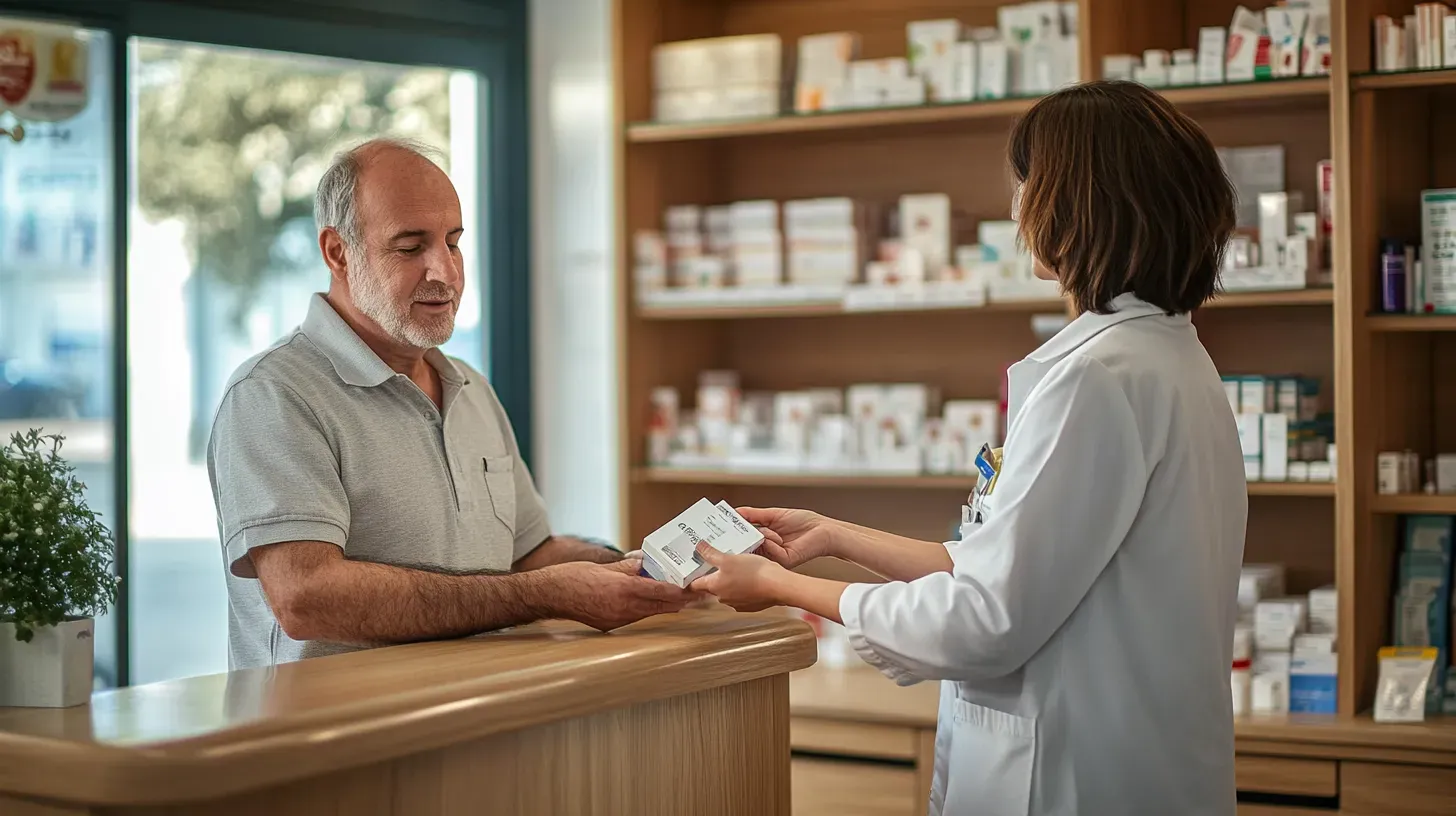Cypriot pharmacy serving a customer Cypriot pharmacy serving a customer